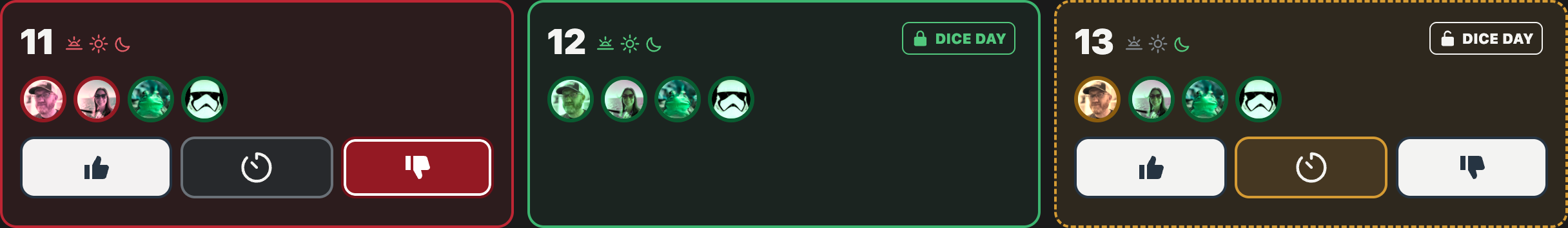 DiceDaze availability for three days, showing unavailable, partial, whole-group, and limited availability with Dice Day controls.